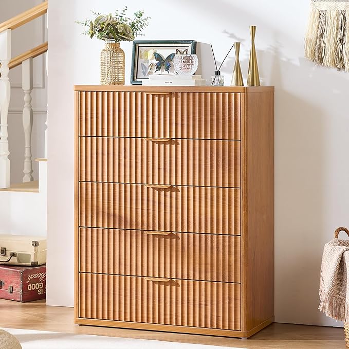 LEYAOYAO Fluted 5 Drawers Dresser for Bedroom Set of 2, 41" Tall Modern Chest of Drawers with Metal Handle, Curved Profile Design,Brown Wood Drawer Organizer for Bedroom, Living Room, Hallway