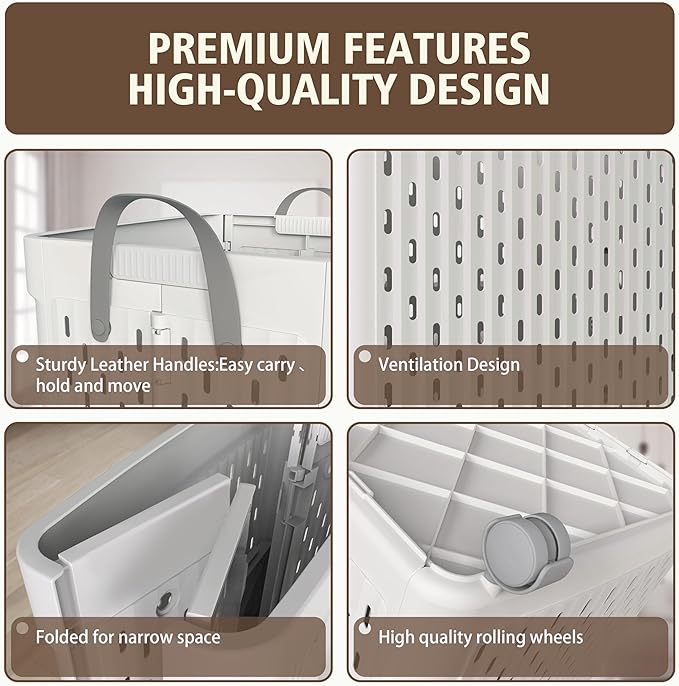 UAK Laundry Basket with Wheels, Collapsible Plastic Laundry Hamper with Handle, Foldable Laundry Basket Organizer for Laundry and Bathroom (Soft Gray, XXL)