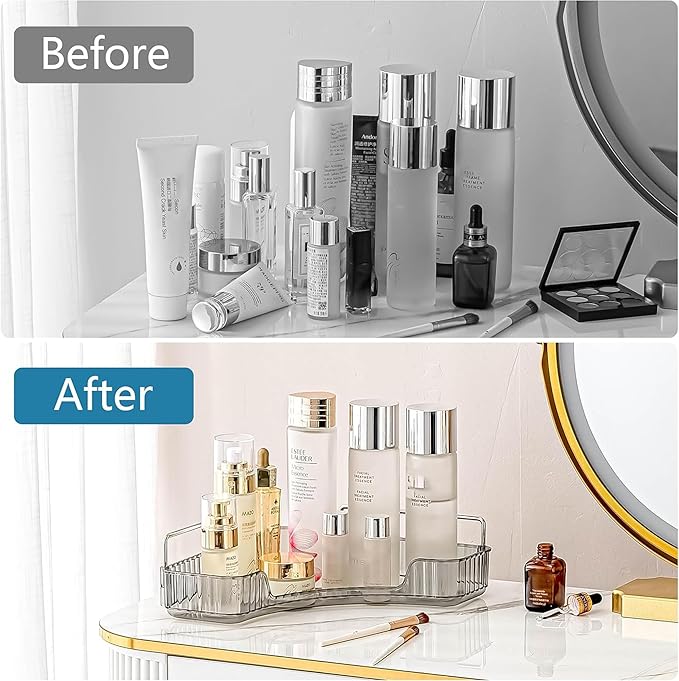 Corner Bathroom Countertop Organizer, Vanity Organizer Trays for Counter, Makeup Organizers, Perfume Tray, Skincare Shelf Storage Gifts for Women Girl Student (Smoky Gray 1 Tier)