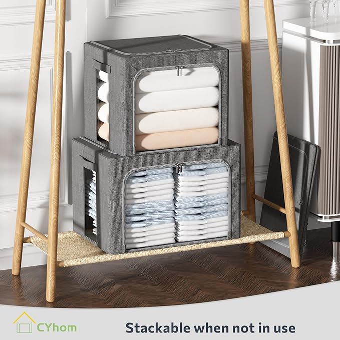 CYhom 3Pack Foldable Storage Bins - Frame Storage Box Linen Fabric Stackable Clothes Container Organizer with Clear Window & Carry Handles Large Capacity (Medium-36L, Dark Gray)