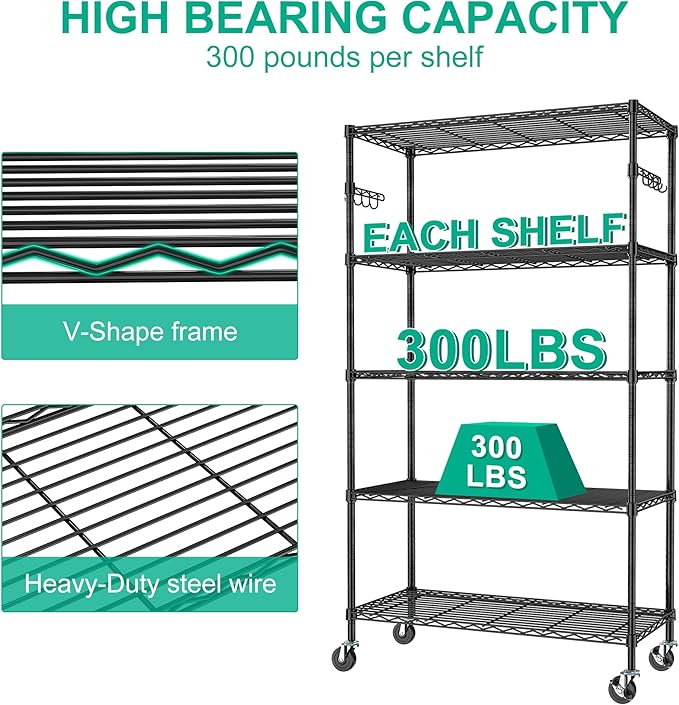 5 Tier Storage Shelves with Wheels - Adjustable Wire Shelving Unit Metal Shelves for Storage Rolling Utility Shelf Organizer Rack for Kitchen Garage Pantry Closet Laundry(14D x 36W x 75H)