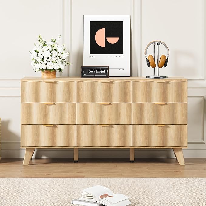 9 Drawer Dresser, Modern Fluted Storage Dresser with Deep Drawers and Metal Handles, Wood Chest of Drawers Storage Organizer for Bedroom, Living Room, Hallway (Natural)