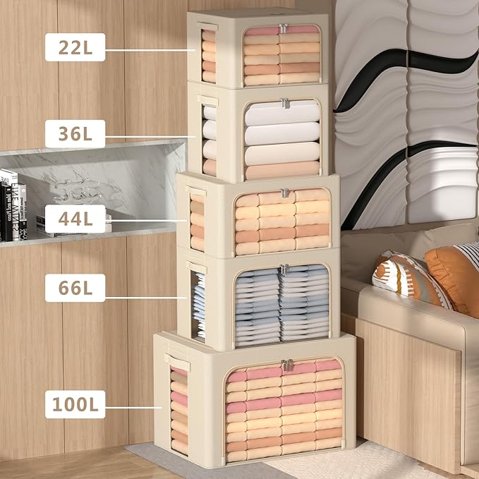 CYhom 3Pack Frame Storage Box - Clothes Storage Bin Bags Oxford Fabric Foldable Stackable Container Organizer Set with Clear Window & Carry Handles (Beige, Medium-44L)