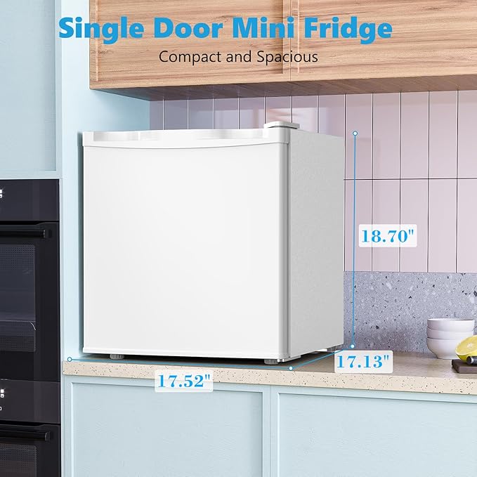 1.6 Cu.ft Mini Fridge with Freezer, Compact Refrigerator, Single Reversible Door, Ultra Quiet, Energy Efficient for Office, Dorm, Bedroom, Apartment, White