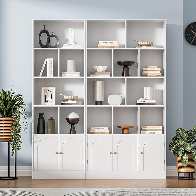 71" Tall Bookshelf with 10 Cubes and 3 Doors, 4-Tier Bookshelf, Open Shelf Bookcase with Cabinet, Modern Cube Storage Organizer for Living Room, and Office, White
