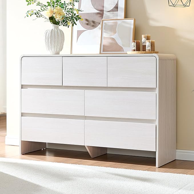AMERLIFE 7 Drawer Dresser for Bedroom, 49" Wide Modern Chest of Storage Drawers with Rounded Corners, Anti-Tip Kit, Wood Cabinet Organizer for Closet, Living Room, Nursery, Easy Assembly, White