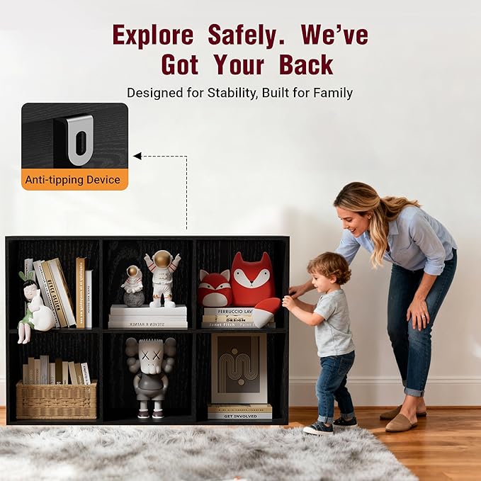 Book Shelf, Wooden Cube Storage Organizer with 11" Open Cubes, Stackable Modular Bookcase for Room Divider Storage, 2 Tier Bookshelf for Living Room, Bedroom, Office (Black, 6-Cube)