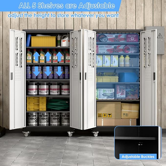 Upgraded Wide & Deep Metal Garage Storage Cabinet with Wheels & Pegboard, Lockable Metal Storage Cabinets with 2 Doors&5 Adjustable Shelves for Garage&Home,Assembly Required,Black Gray