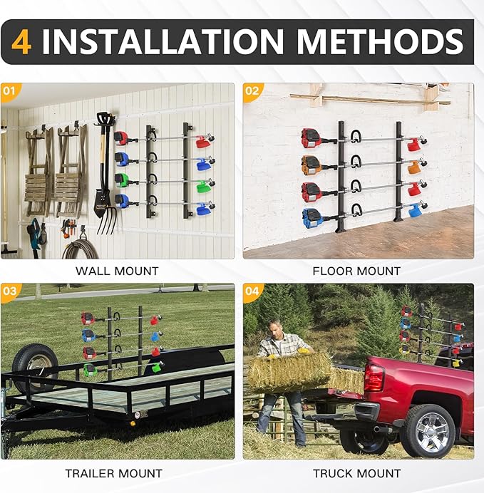 Trimmer Rack, 4 Place Heavy Duty Weedeater Rack for Walls, Open and Enclosed Trailers with Locks, Black Steel