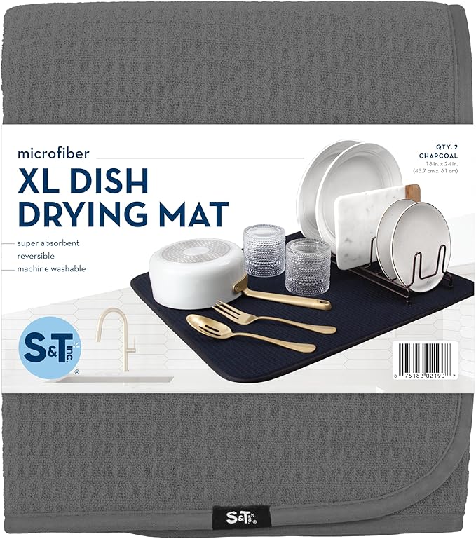 S&T INC. Dish Drying Mat XL 2 Pack, 18” x 24”, Absorbent Microfiber Kitchen Counter Mat, Dish Drying Pad for Dishes, Utensils, Pots and Pans, Extra Large, Charcoal Grey