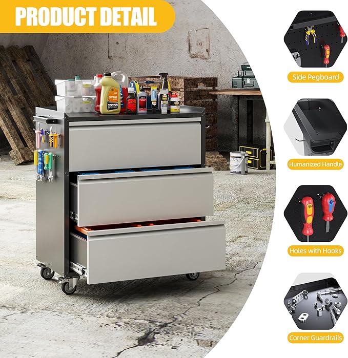 Aobabo Metal Garage Storage Cabinets with Wheels, Steel Cabinet with Drawer, 3 Drawers Rolling Tools Chest with Hooks for Garage, Warehouse, Home, Assembly Required, Black Silver