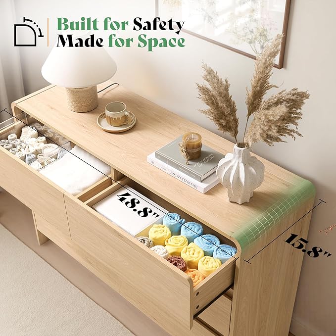 AMERLIFE 6 Drawer Dresser for Bedroom, 49" Long Modern Chest of Storage Drawers with Rounded Corners, Anti-Tip Kit, Wood Cabinet Organizer for Closet, Apartment, Nursery, Easy Assembly, Light Oak