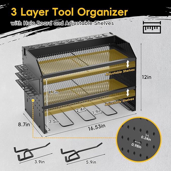 Power Tool Organizer Wall Mount with Charging Station, Drill Holder, Adjustable Layers, Heavy Duty Garage Tool Organizer Storage with 8 Outlet Power Strip, Christmas Gifts for Men, Dad, Husband