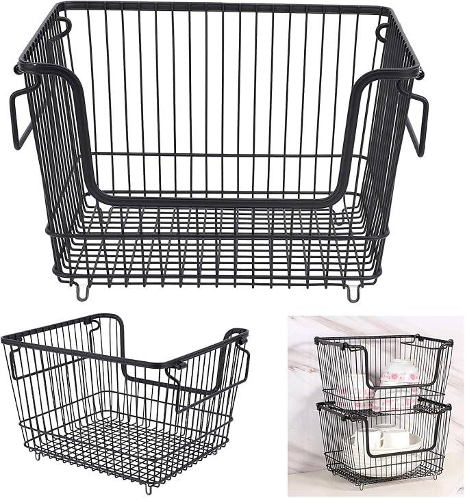 Tyenaza Freezer Organizer Bin Keep Tidy Metal Stackable Fruits Meat Wire Basket for Kitchen Home Use L Black