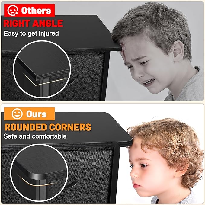 Curved Profile Dresser for Bedroom, Chest of Drawers, 5 Storage Drawers Organizer Unit, Black Dresser with Fabric Bins for Closet, Living Room, Kid Room (Charcoal Black)