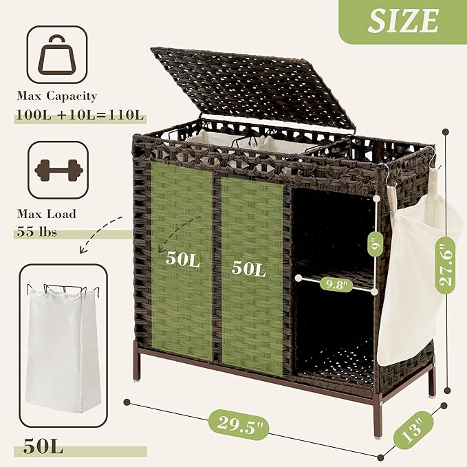 Laundry Hamper with Lid, 110L (29.1 Gal) Rattan Laundry Hamper 2 Section with 50L (13.2 Gal) Storage Shelf, Wicker Woven Laundry Sorter Basket with 3 Liner Bags and Handles, Brown GLH002BR