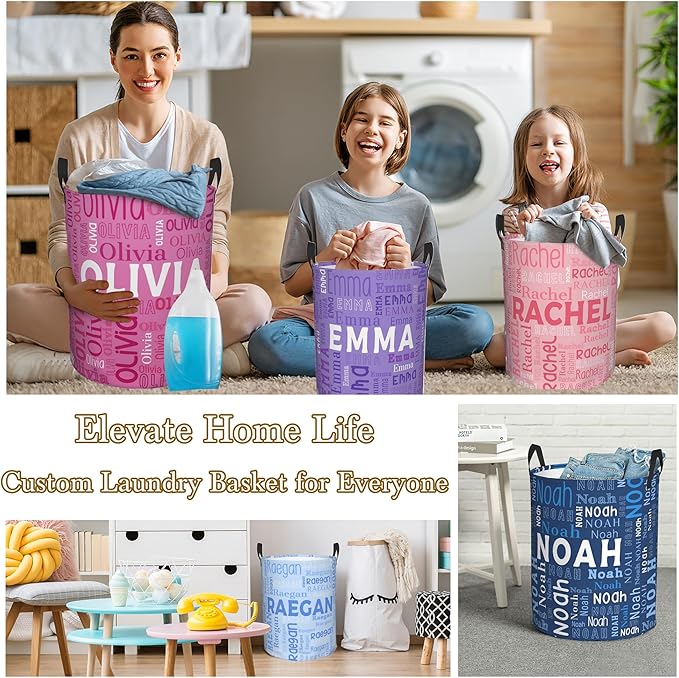 Custom Name Laundry Hamper, Personalized Laundry Basket with Name for Boys Girls Men Women Kids, Customized Name Dirty Clothes Basket Gifts for Clothes Toy Bedroom Bathroom Laundry Room Dorm