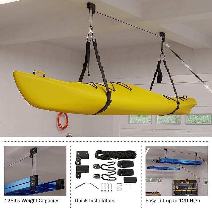 RAD Sportz Kayak Storage Hoists - Overhead Pulley Hoist Systems with 125lb Capacity Each for Canoes, Bikes, Ladders, and More