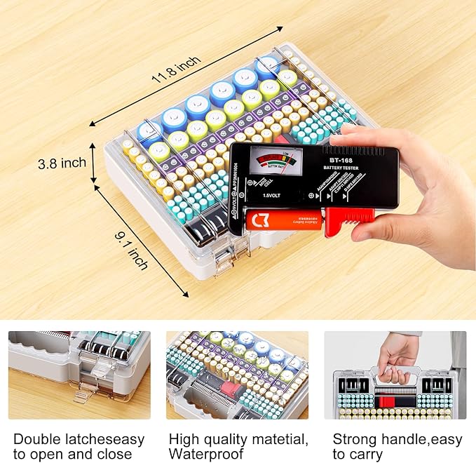 Battery Organizer Storage Holder Box Case with Tester, Ultra-Large 262+ Batteries Container with Double-Sided, Holds AA AAA 4A 23A C D Cell 9V 3V Lithium 4LR44 CR3 CR123A 18650 (Gray)