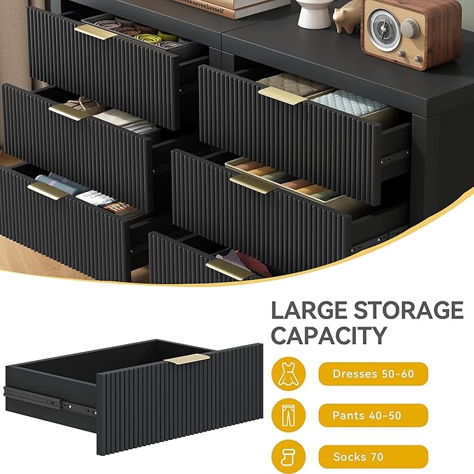 6 Drawer Dresser, Modern Wide Storage Chest of Drawers Organizer with Waveform Panel, Fluted Dresser with Spacious Storage and Golden Handles for Bedroom, Hallway, Entryway, （Black 2PCS）