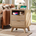 Fluted Nightstand - 24" Modern Bedside Table w/ 2 Drawers, Wood Bed Side End Table with Open Shelf, Night Stand with Storage Drawer, Curved Design Night Stands for Bedroom Living Room (Nature)