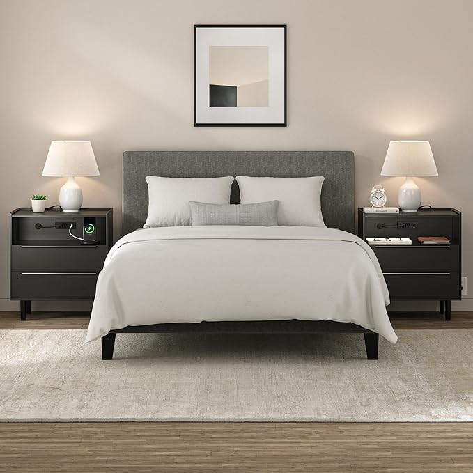 26" Tall Black Nightstand with Charging Station, 2 Drawer Contemporary Modern Bedside Table with Tray Top, USB Ports, Outlets & Open Shelf for Bedroom or Living Room