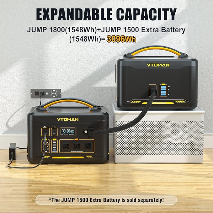 VTOMAN Jump 1800 Portable Power Station with Jump Start, 1548Wh LiFePO4 Solar Generator 1800W (Peak 3600W) AC Outlets, Regulated 12V DC, PD 100W Type-C for Home Backup RV/Van Travel Camping Road Trip