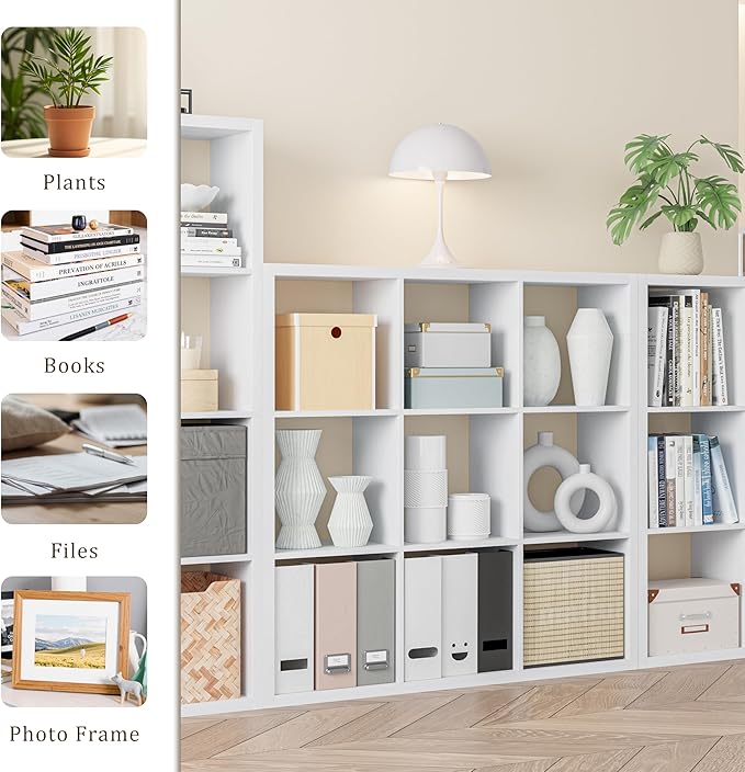 Cube Storage Organizer Bookcase, Decorative 11 inch Open Back Cubical Shelf with Thickened Border, Display Bookshelf for Living Room, Home Office, Sturdy Room (White, 9 Cube)