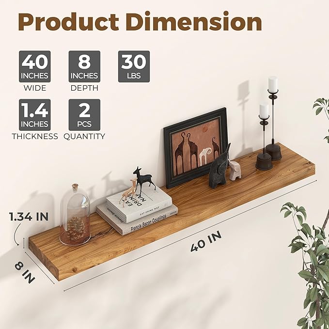 Axeman Floating Shelves for Wall - 40''W x 8'' D Rustic Solid Elm Wood Shelves for Storage, Wall Mounted Display Shelving with Invisible Heavy-Duty Metal Bracket (Natural, 2PCs)