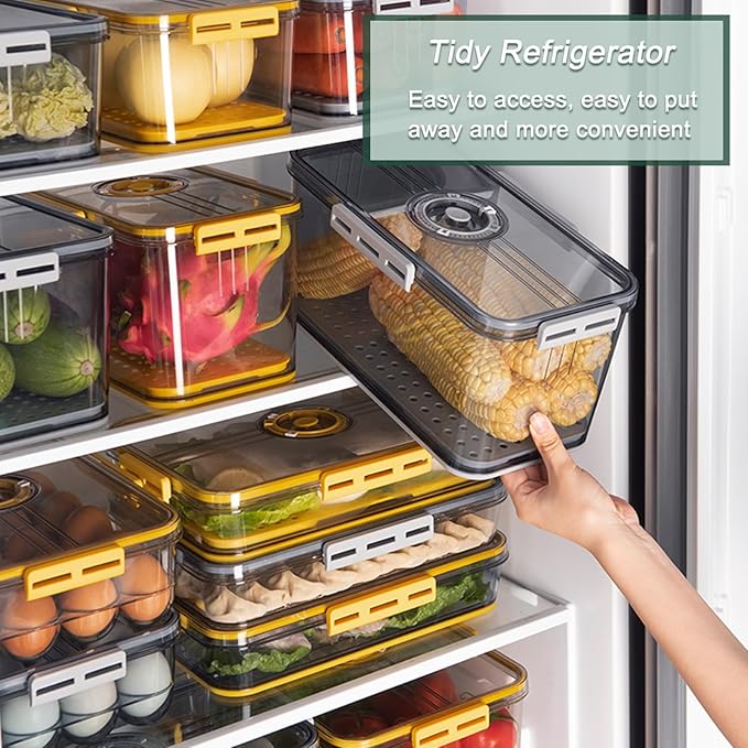 CottonColors Fridge Organizer, Food Storage Containers With Lids for Timer & Drain Board Stackable Refrigerator Organizers and Storage(Tall & Short, Small, 3.3 L + 1.5 L, 2 Pack)