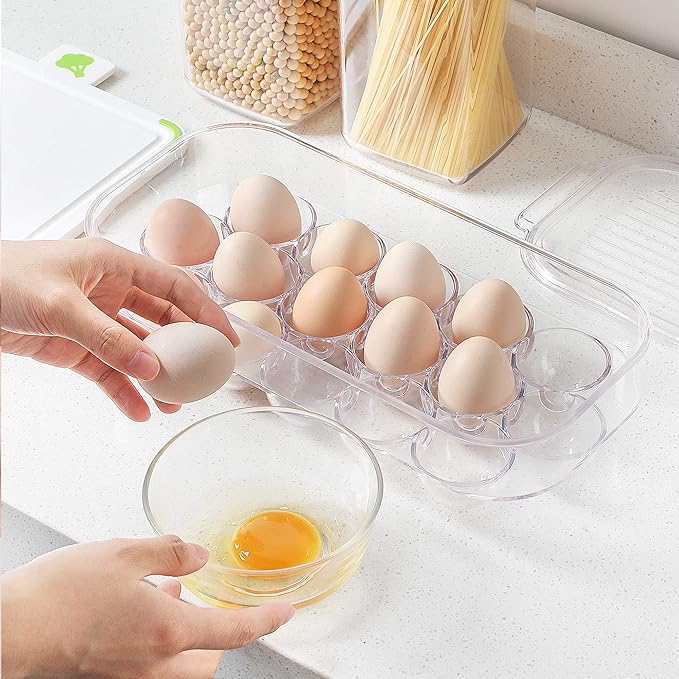 vacane Plastic Egg Holder for Refrigerator,Stackable Egg Holder Clear Tray with Lid,BPA-Free Egg Container Organizer Countertop Kitchen Fridge, Stores 16 Eggs - 2 Pack