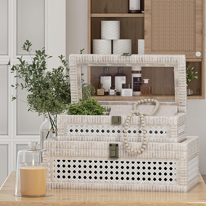 Rattan Decorative Box,Boho Display Boxes with Lids,Set of 2 Rectangular Wicker Storage Decoration,Natural Woven Cane Bins for Home Decor for Rustic Farmhouse(White)