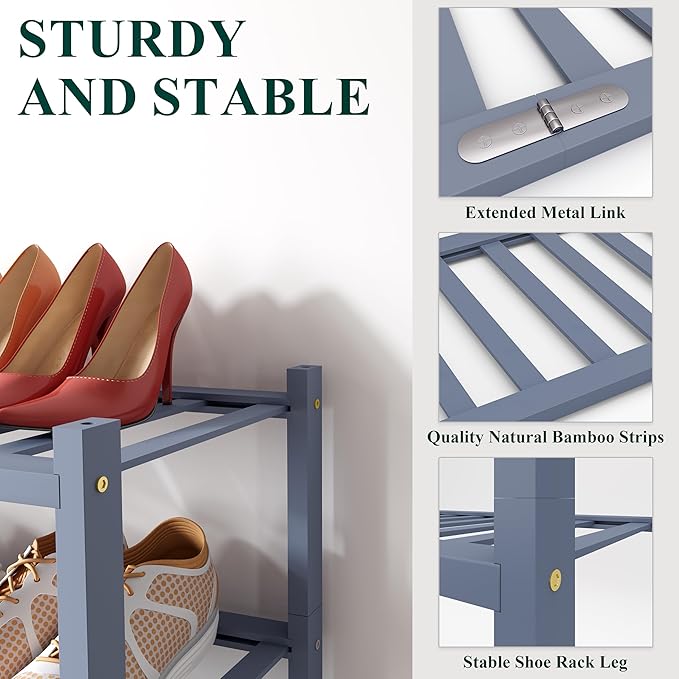 Smiry Bamboo Shoe Rack for Closet, 4 Tier Wooden Stackable Shoe Organizer, Free Standing Shoes Storage Shelf for Entryway, Front Door Entrance, Grey