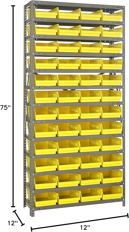 Quantum Storage Systems 1275-107YL Steel Shelving Unit with 4" Shelf Bins, 12" D x 36" W x 75" H, Yellow