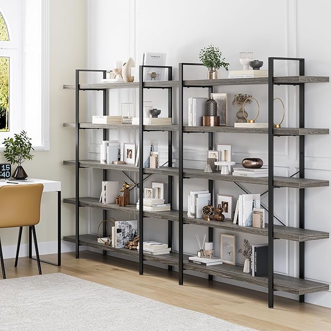 Bookshelf Set, Heavy Duty 5-Tier Industrial Bookcase, 47" Wide Wood Bookshelf for Home Office, 120lbs Shelf Capacity, Rustic Open Display with Horizontal Shelf for Living Room Bedroom, Grey