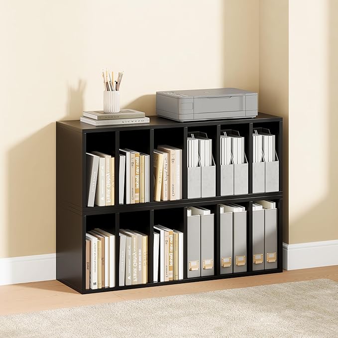IOTXY DIY Modular Cube Bookcase - CubeXY Customizable Stackable Expandable Basic Shelving Units, 6-Cube Wooden Open Bookshelf with Removable Shelves for Books Organizer, Black