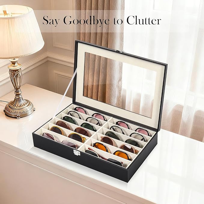 Sunglasses Organizer Case with Adjustable Slots, Eyeglasses Display with Lid, Eyewear Storage Box for Large Glasses