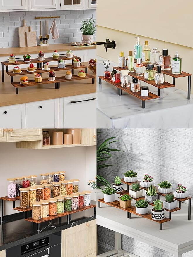 Set of 4 Wooden Display Stand Riser, 3 Tier Perfume Organizer Stand Cupcake Stand Holder, Tiered Display Stand Risers Display Shelf for Home and Shop (Black, 4 pcs)