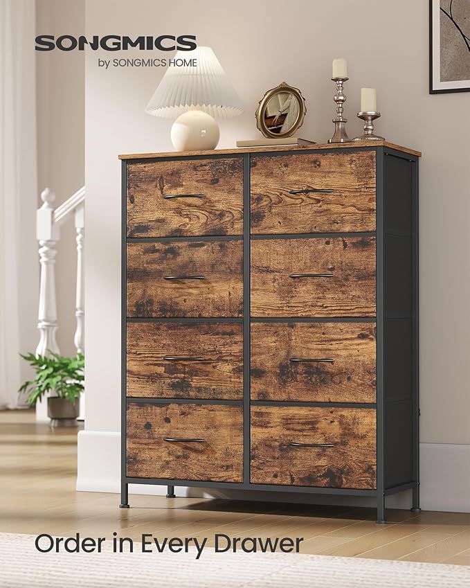 SONGMICS Dresser for Bedroom, Chest of Drawers, Steel, MDF, 8 Non-Woven Fabric Drawers, Storage Organizer Unit, Closet, Entryway, Rustic Brown and Ink Black ULGS124B02S