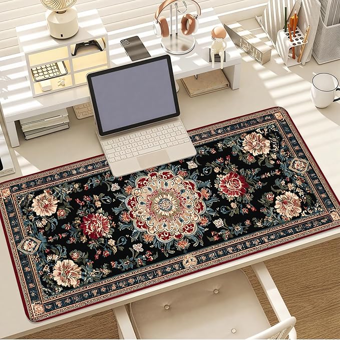 Vintage Persian Carpet Mouse Pad – Large Extended Desk Mat 35.43 x 15.75 in – Oriental Floral Rug Design, Non-Slip Rubber Base, Stitched Edges, Soft Keyboard & Mouse Mat for Office or Gaming