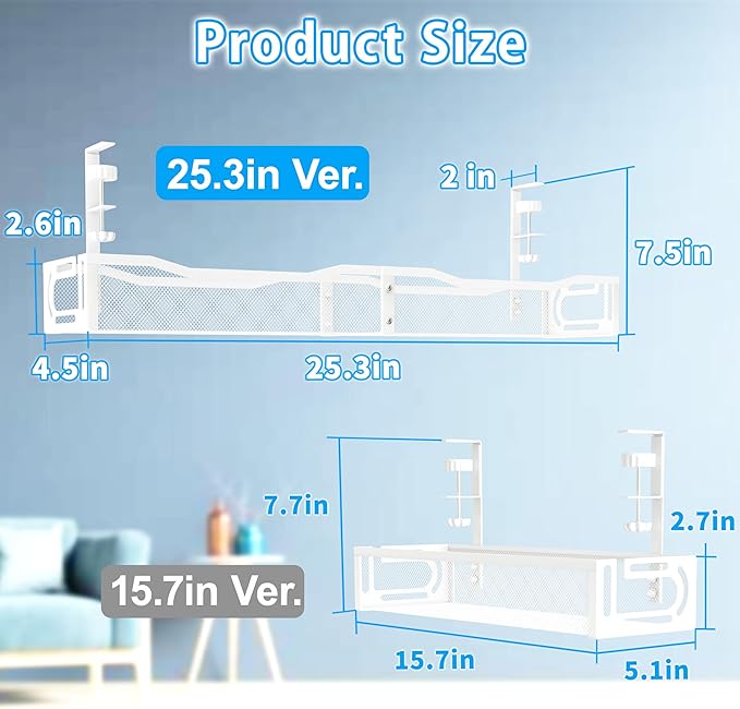 No Drill Under Desk Cable Management Tray, SONATURE 25.3" Cord Organizer for Table, Clamp Mount Desk Cable Management, Premium Carbon Steel Cable Organizer for Office, Home (White)