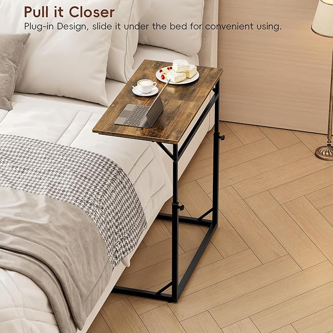 Vagusicc C Shaped End Table, Tall Side Table for Couch, C-Table End Table Adjustable Height Side Tables, Large Surface Sofa Tables TV Tray, Slide Under Couch Tables for Sofa, Living Room,Bedroom,Brown