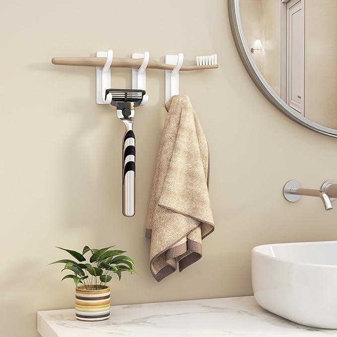 pickpiff Adhesive Wall Hooks for Hanging Towels - Heavy Duty Stick On Hooks, Strong Hold up to 13 lbs, Damage-Free Hangers for Coats, Bags, Purses, Ideal for Door, Closet, or Bathroom, White, 4 Pack