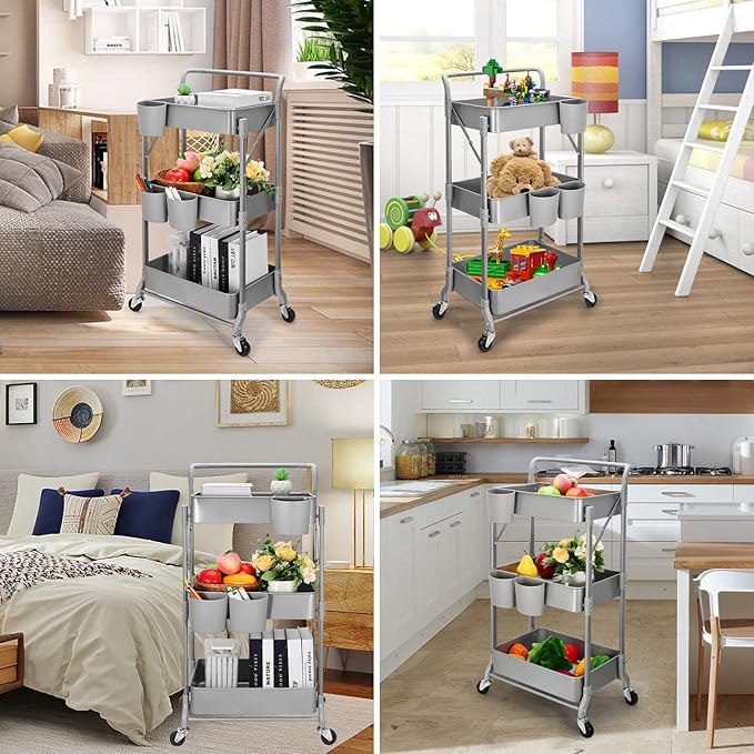 Foldable 3 Tier Metal Utility Rolling Cart, Folding Mobile Multi-Function Storage Trolley Organizer Cart for Home Library Office(Grey)
