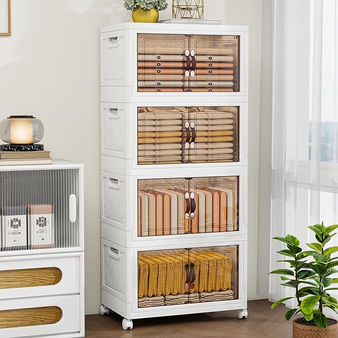 Storage Bins with Lids and Wheels, Collapsible Bathroom Storage Cabinet with Clear Doors, Plastic Stackable Closet Organizers and Storage Containers White 398 QT