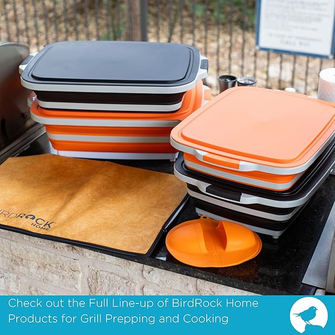 BIRDROCK HOME Collapsible Large BBQ Prep Tub w/Cutting Board, Multi-Function Grill Caddy w/Colander & Lid, Portable Silicone Dish Bowl for Picnic, Tailgate, Camping - Orange + 2pc BBQ Mitts