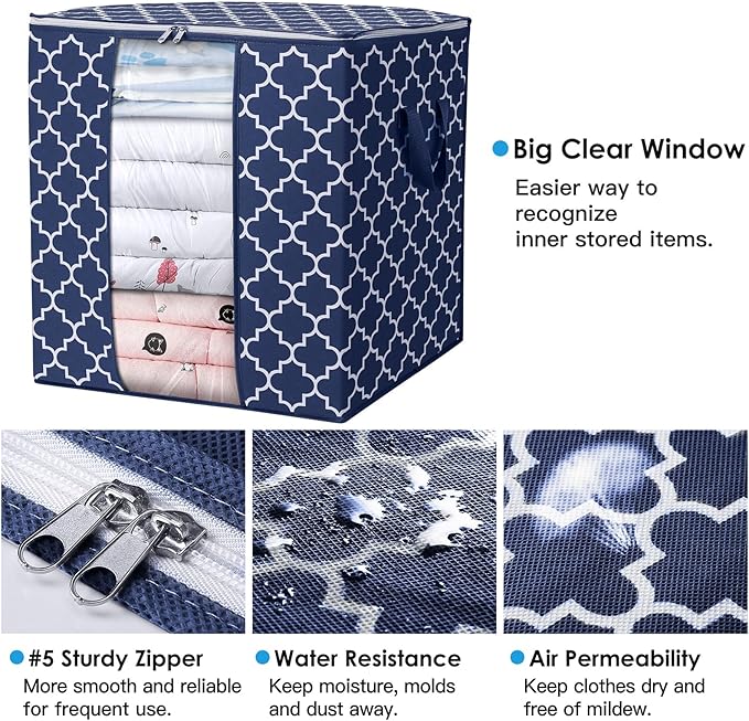 WISELIFE Storage Bags 2 Pack/100L Large Blanket Clothes Organization and Storage Containers for Comforters,Bedding, Foldable Organizer with Reinforced Handle, Clear Window, Sturdy Zippers,Blue