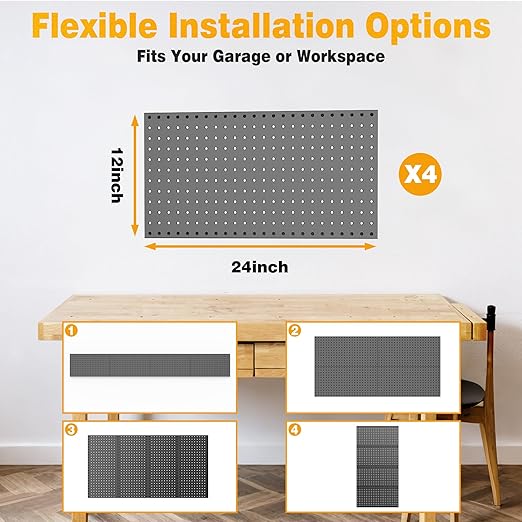 Pegboard Smith Metal Pegboard Panels 12" x 24", 4 Pack Black Wall Mounted Tool Organizer Boards, Heavy Duty Tool Storage Peg Board for Garage, Workbench, Office, Fits 1/4" Peg Hooks
