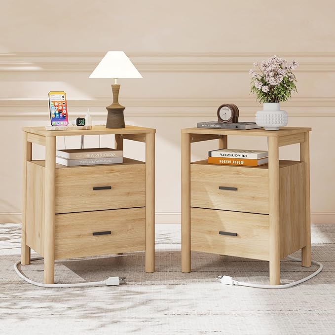 Night Stand Set of 2 with Charging Station, 20" Large Modern Side Table with Solid Round Post Legs, 2 Drawers End Table with Open Shelf, Nightstand for Bedroom, Natural Oak