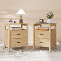 Night Stand Set of 2 with Charging Station, 20" Large Modern Side Table with Solid Round Post Legs, 2 Drawers End Table with Open Shelf, Nightstand for Bedroom, Natural Oak